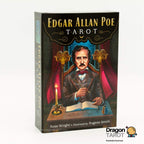 Edgar Allan Poe Tarot card deck box by Rose Wright, featuring an illustrated portrait of Edgar Allan Poe with red drapery, gold lettering, and a dark background, shown on a white studio background with a Dragon Tarot logo in the corner.