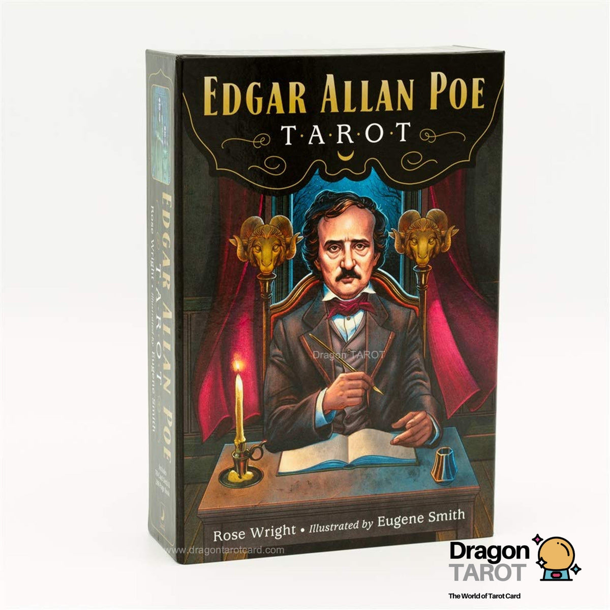 Edgar Allan Poe Tarot card deck box by Rose Wright, featuring an illustrated portrait of Edgar Allan Poe with red drapery, gold lettering, and a dark background, shown on a white studio background with a Dragon Tarot logo in the corner.