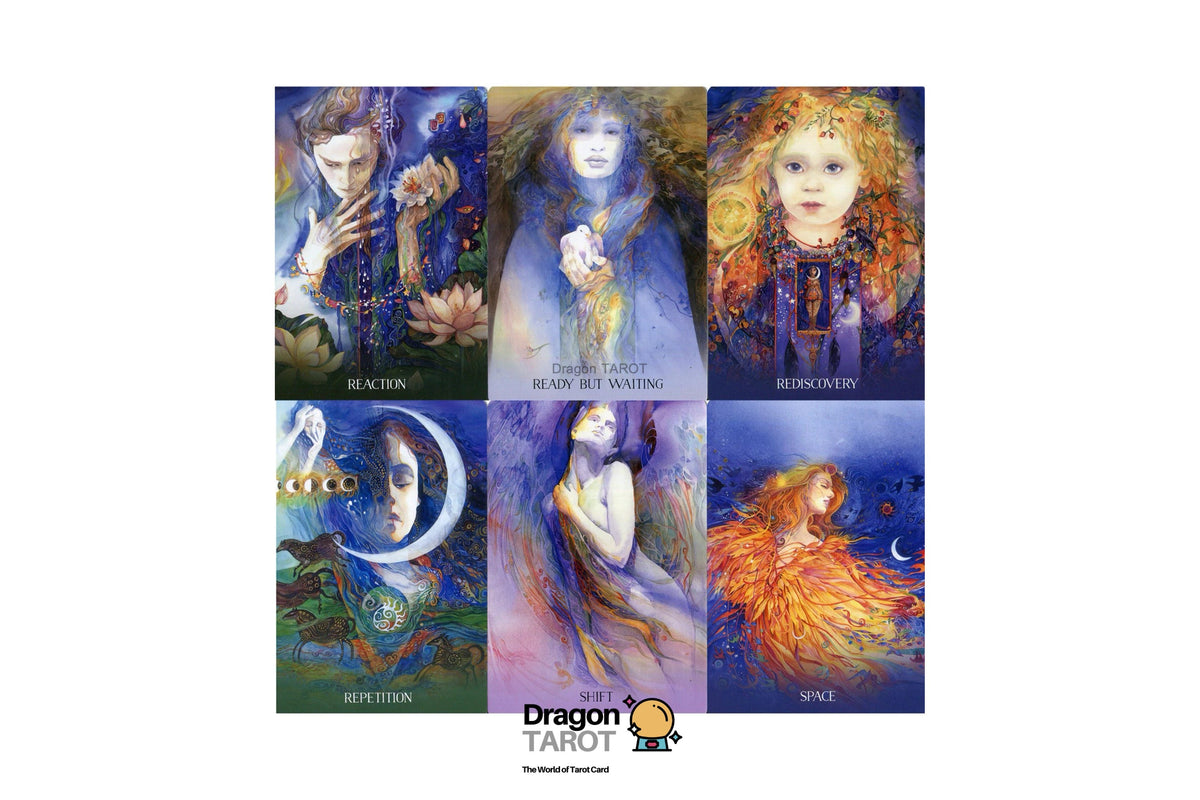 A set of six Dragon Tarot card art prints arranged in a 2x3 grid on a white background, featuring mystical female figures in blue, purple, and fiery orange tones. The Dragon Tarot logo is visible at the bottom center.