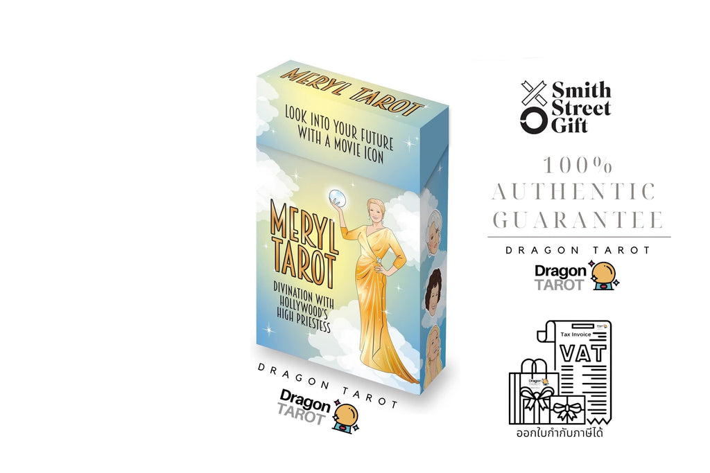 Dragon Tarot deck box shown on a white background with multiple brand logos, social media icons, and promotional text. The box is light blue with a yellow-gold title and an illustration of a woman in a flowing yellow dress.