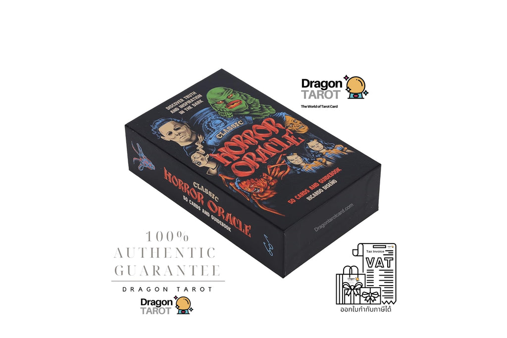 A boxed tarot deck product shown at an angle on a white background, with multiple Dragon Tarot logos, social media icons, and a '100% Authentic Guarantee' text graphic around it.