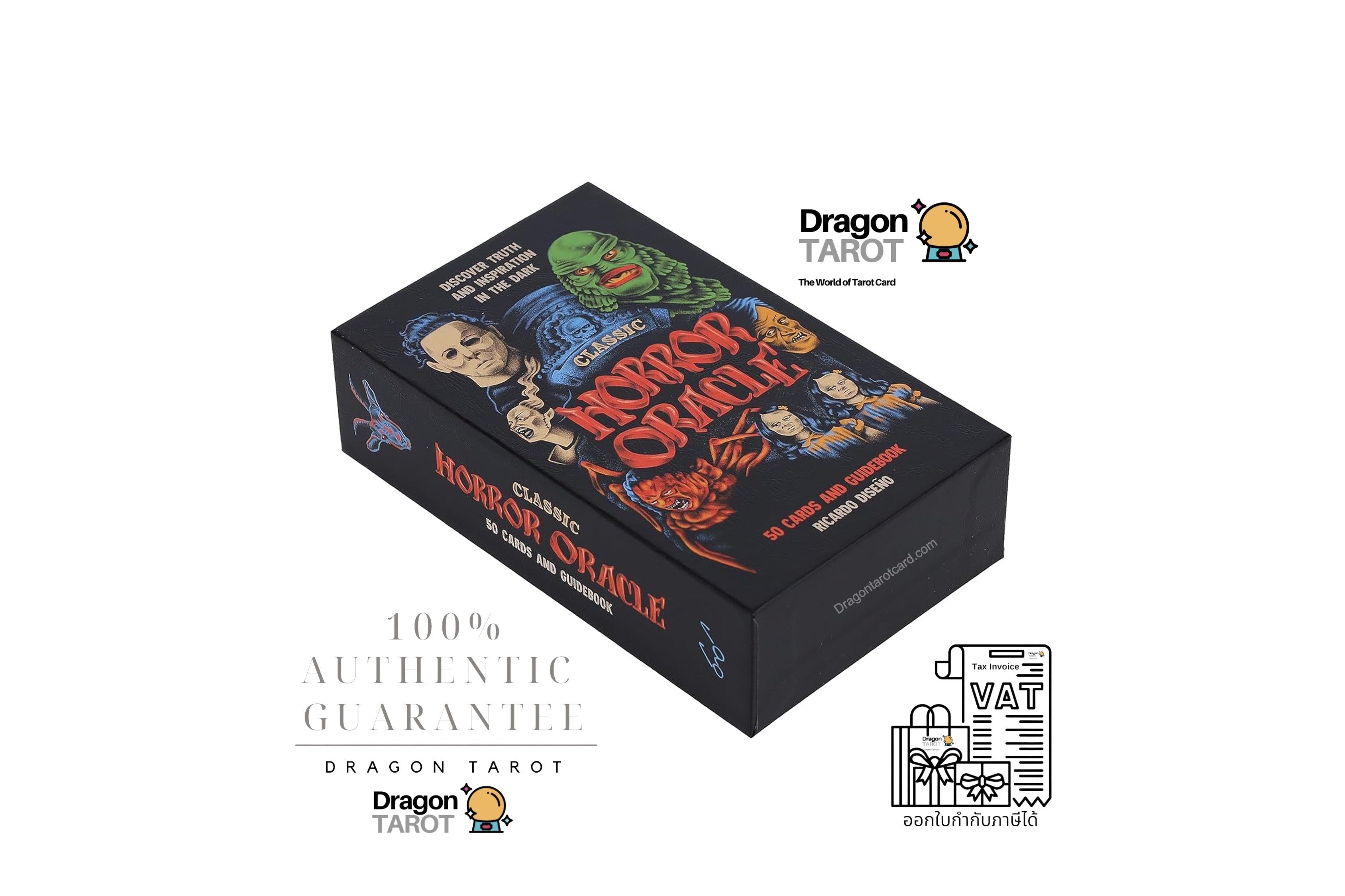 A boxed tarot deck product shown at an angle on a white background, with multiple Dragon Tarot logos, social media icons, and a '100% Authentic Guarantee' text graphic around it.