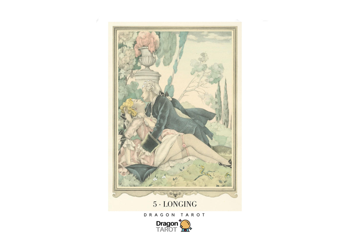 A tarot card titled '5 - LONGING' from the Dragon Tarot deck, featuring an illustration of a reclining woman in a dark cloak and pale dress in an outdoor garden setting. The card is centered on a white background with Dragon Tarot branding at the top and bottom.