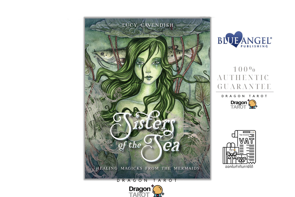 Dragon Tarot: Sisters of the Sea card deck packaging and branding, featuring a central illustration of a mermaid with green hair on a textured teal background, alongside Blue Angel Publishing and Dragon Tarot logos on a white background.