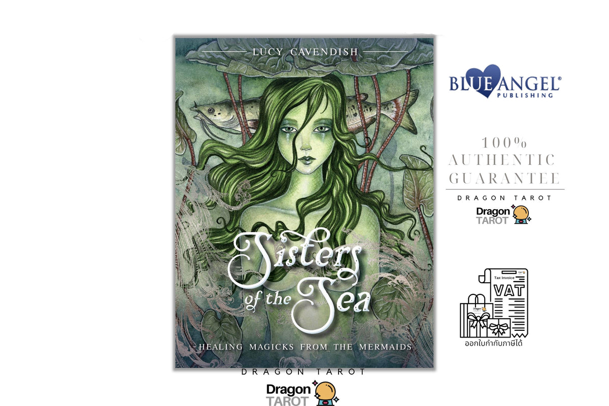 Dragon Tarot: Sisters of the Sea card deck packaging and branding, featuring a central illustration of a mermaid with green hair on a textured teal background, alongside Blue Angel Publishing and Dragon Tarot logos on a white background.