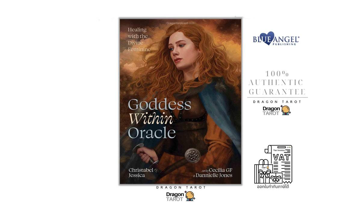 Dragon Tarot 'Goddess Within Oracle' deck packaging shown on a white background with Blue Angel Essentials branding and promotional text.