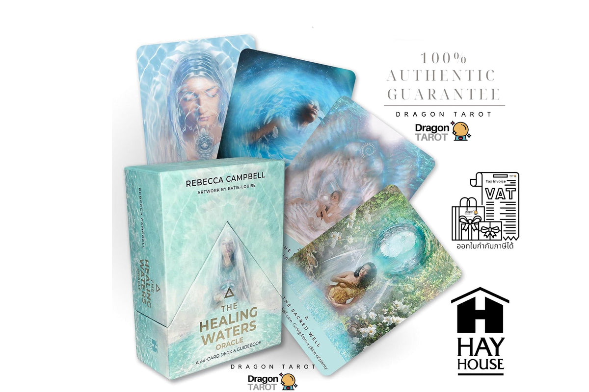 Dragon Tarot 'The Healing Waters' deck box and several illustrated cards arranged on a white background with promotional text and logos, including Rebecca Campbell, Dragon Tarot, and Hay House.