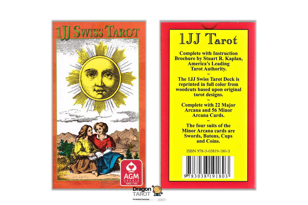 Front and back views of the 1JJ Swis Tarot deck packaging, featuring a yellow sun face on the front cover and product details on the back, set against a plain white background.
