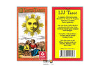 Front and back views of the 1JJ Swis Tarot deck packaging, featuring a yellow sun face on the front cover and product details on the back, set against a plain white background.