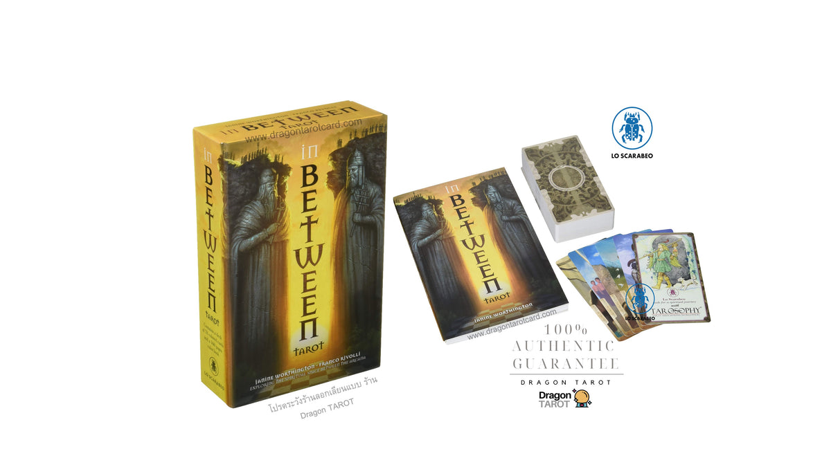 In Between Tarot deck and box set displayed on a white background, including the illustrated box, booklet, card deck, and several cards fanned out. Visible branding includes In Between Tarot and Dragon Tarot.