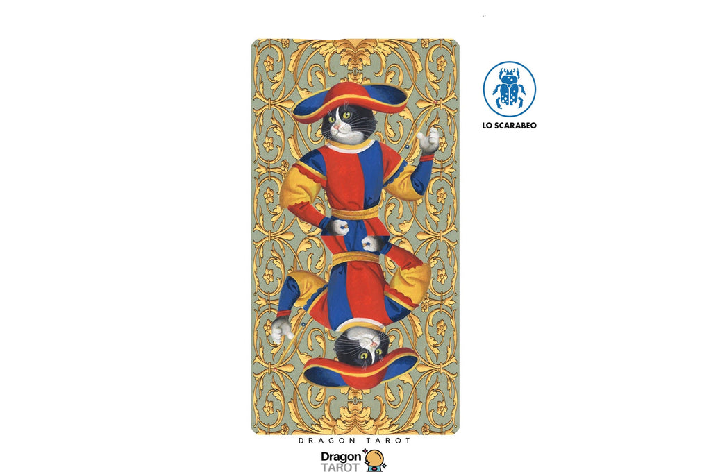 A tarot card design featuring a black cat dressed as a knight in a red, blue, and gold outfit, centered on a white background with Dragon Tarot branding and a LO SCARAMBO logo.