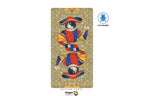 A tarot card design featuring a black cat dressed as a knight in a red, blue, and gold outfit, centered on a white background with Dragon Tarot branding and a LO SCARAMBO logo.