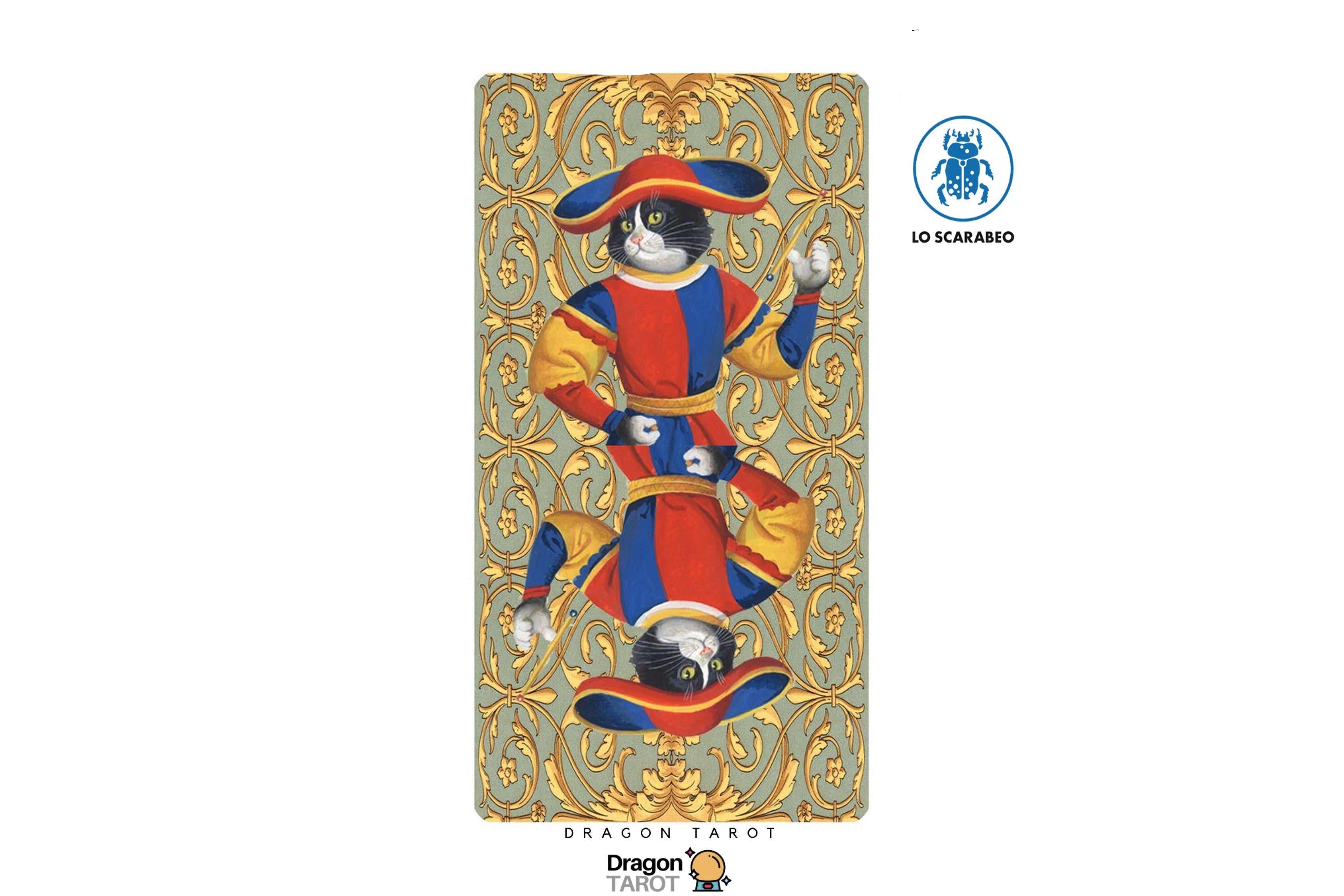 A tarot card design featuring a black cat dressed as a knight in a red, blue, and gold outfit, centered on a white background with Dragon Tarot branding and a LO SCARAMBO logo.