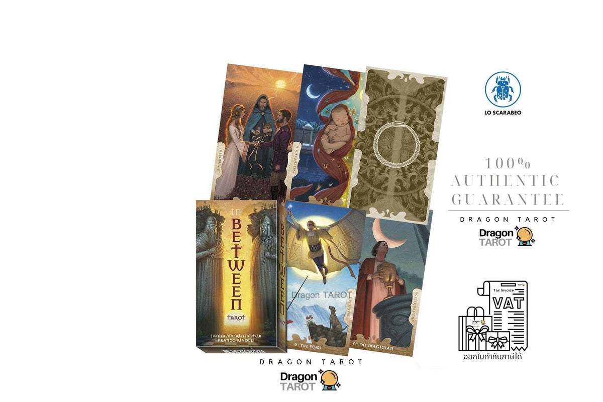 Dragon Tarot card deck packaging and card art shown on a white background, with multiple illustrated cards and the box front visible. Brand logos and text including 'Dragon Tarot', '100% Authentic Guarantee', and 'Draughtsman' are printed alongside the product.