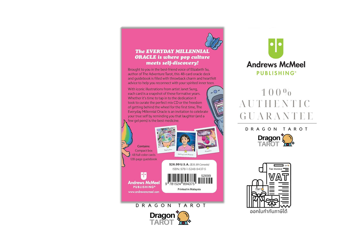 A product listing graphic showing the back cover of a Dragon Tarot Oracle card deck in pink, alongside branding and authenticity badges from Andrew's McMeel Publishing and a VAT receipt illustration on a white background.