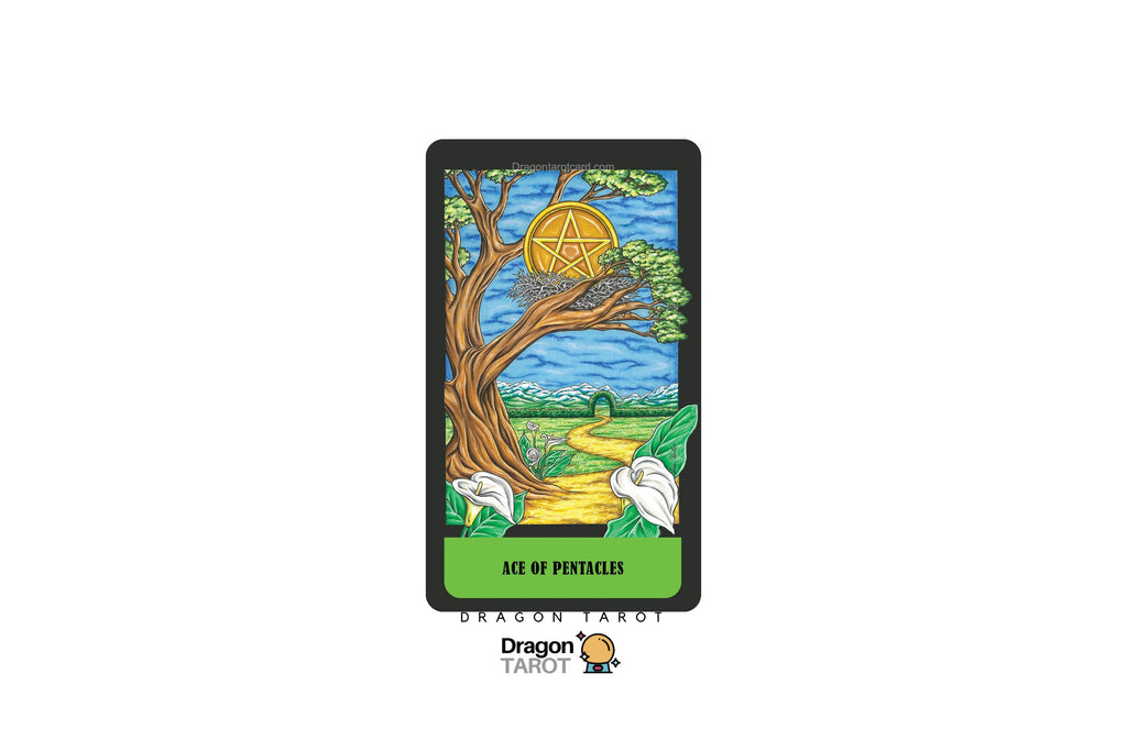 Ace of Pentacles tarot card centered on a white background, with a black border and the text 'ACE OF PENTACLES' at the bottom. The illustrated scene shows a tree, a yellow pentacle in the sky, a winding road, and two white sheep.