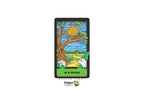 Ace of Pentacles tarot card centered on a white background, with a black border and the text 'ACE OF PENTACLES' at the bottom. The illustrated scene shows a tree, a yellow pentacle in the sky, a winding road, and two white sheep.