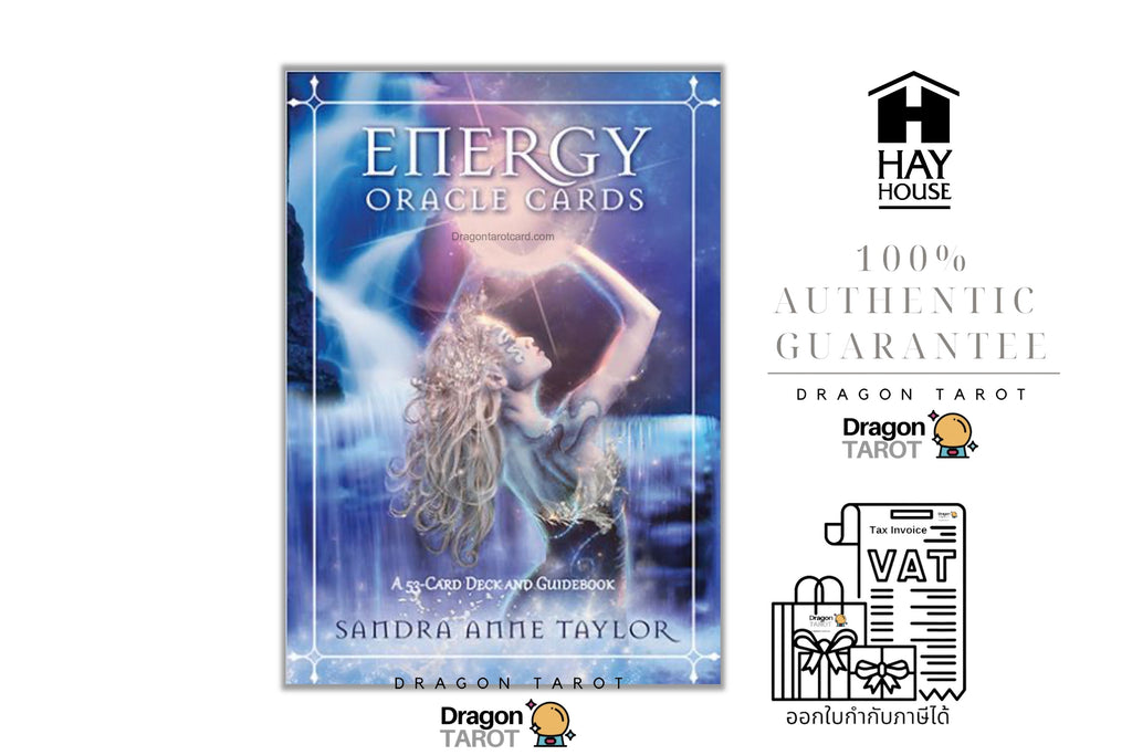 Energy Oracle Cards Dragon Tarot deck box by Sandra Anne Taylor, displayed alongside promotional badges for Hay House and Dragon Tarot on a white background.