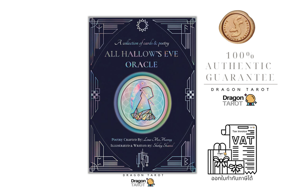 Dragon Tarot 'All Hallow's Eve Oracle' card deck box shown on a white background with promotional badges including a 100% authentic guarantee coin and VAT receipt illustration.