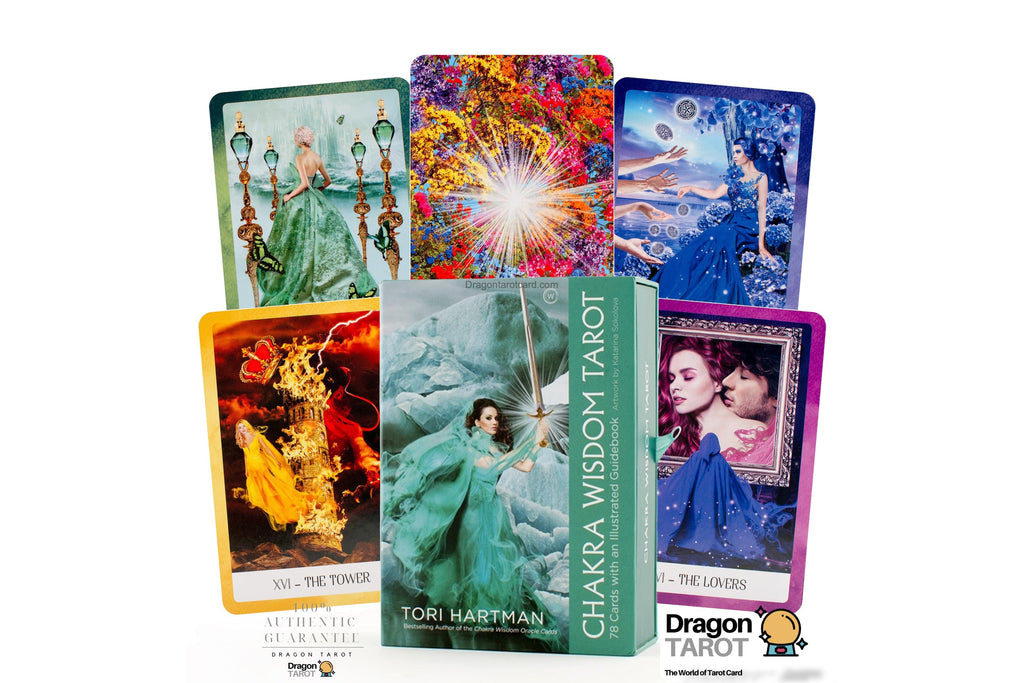 A set of tarot cards and a box labeled 'Chakra Wisdom Tarot' by Tori Hartman, arranged on a white background. The box is green and stands in front of several illustrated cards with colorful fantasy artwork in teal, blue, orange, and purple tones.