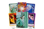 A set of tarot cards and a box labeled 'Chakra Wisdom Tarot' by Tori Hartman, arranged on a white background. The box is green and stands in front of several illustrated cards with colorful fantasy artwork in teal, blue, orange, and purple tones.