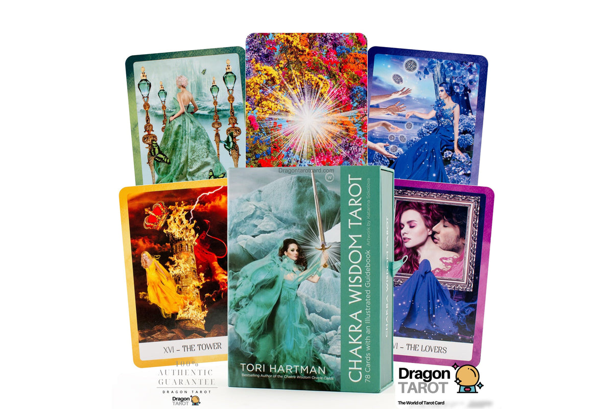 A set of tarot cards and a box labeled 'Chakra Wisdom Tarot' by Tori Hartman, arranged on a white background. The box is green and stands in front of several illustrated cards with colorful fantasy artwork in teal, blue, orange, and purple tones.