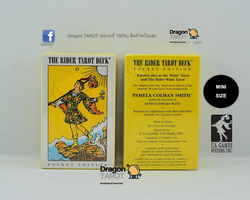 The Rider Tarot Deck pocket edition shown in front and back packaging views on a light gray background, with Dragon Tarot branding and a mini size badge.