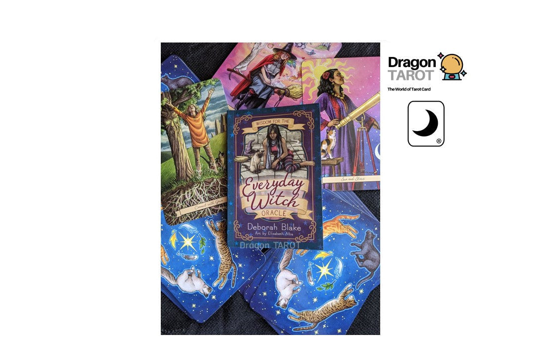 Dragon Tarot card deck packaging and several illustrated cards displayed on a white background, with Dragon Tarot branding and a moon icon shown on the right.