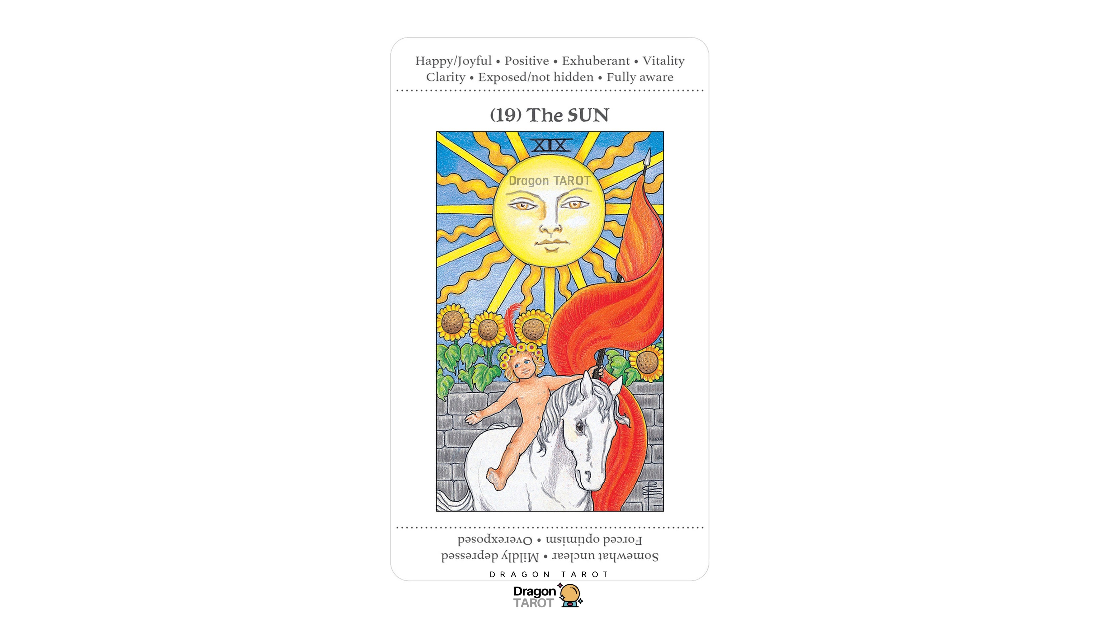A tarot card deck box or card package shown upright on a plain white background. The front features the classic 'The Sun' card artwork with a yellow sun face, red flames, a white horse, and a child figure, plus black text at the top and bottom and a Dragon Tarot logo at the bottom.