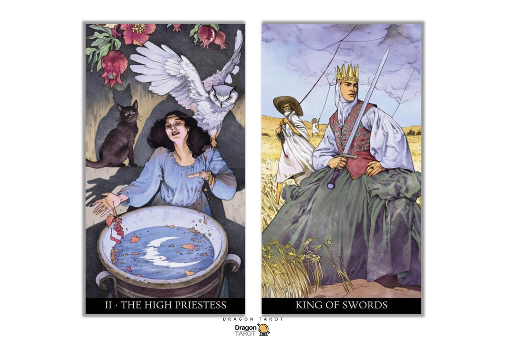 Two illustrated tarot-style cards shown side by side on a white background: 'II - The High Priestess' on the left and 'King of Swords' on the right. The left card shows a woman at a cauldron with a white bird and dark cat.