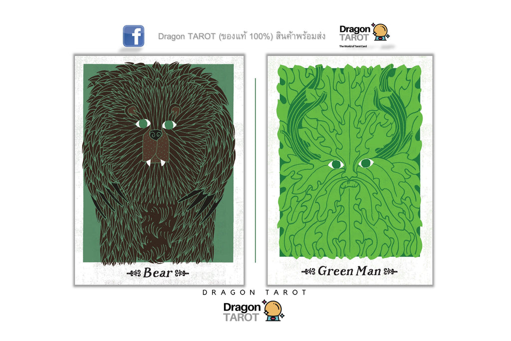 Two Dragon Tarot card illustrations side by side on a white background. The left card is titled 'Bear' and shows a dark brown furry bear face with green eyes on a muted green background.