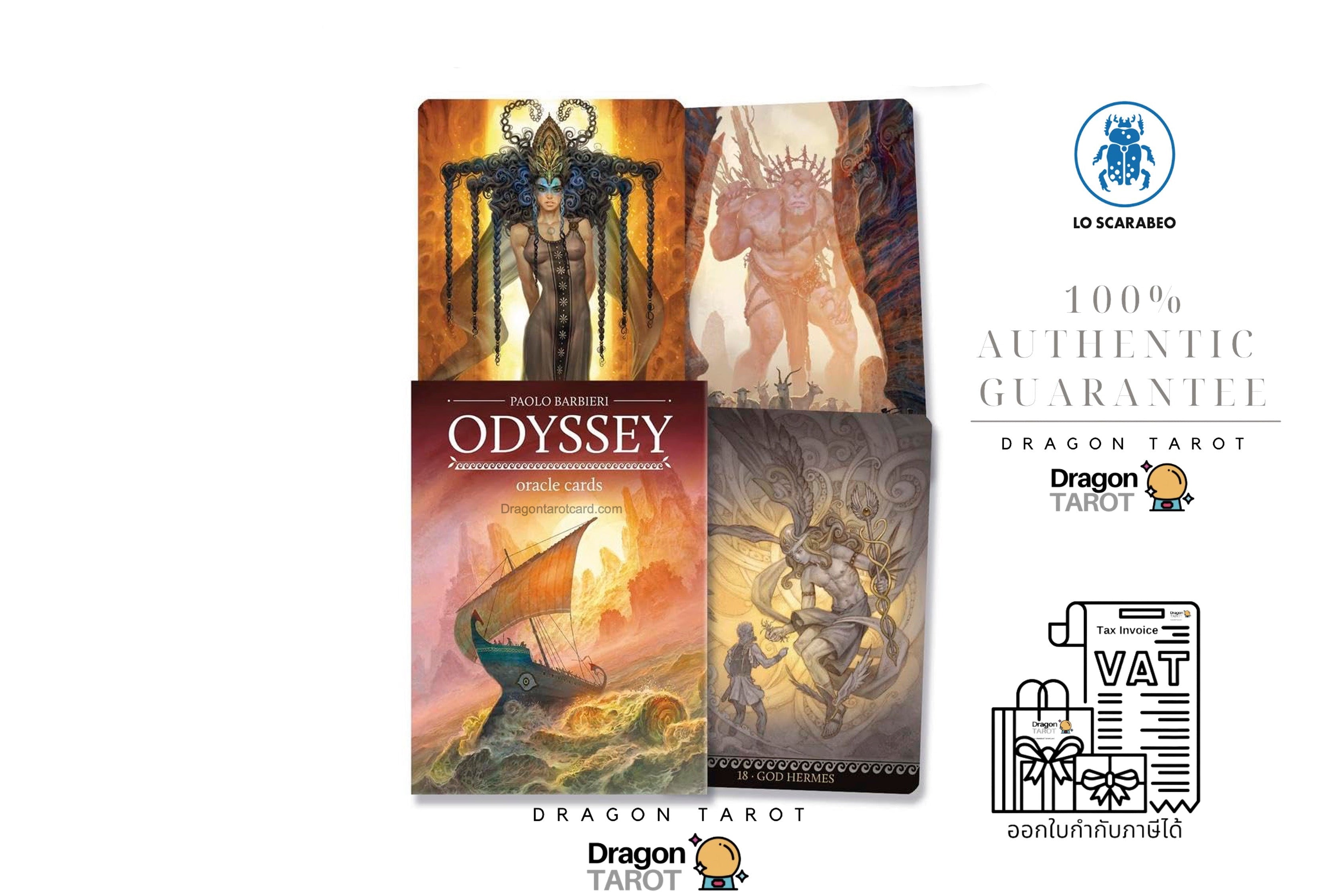 Four Dragon Tarot card decks arranged in a 2x2 grid on a white background, with brand logos, a '100% Authentic Guarantee' badge, and a VAT refund icon around them.