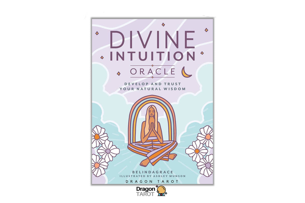 Divine Intuition Oracle deck box cover shown on a white background, featuring a pastel lavender and light blue design with a meditating figure inside an arched frame and white flower illustrations. Dragon Tarot branding is visible at the top and bottom.