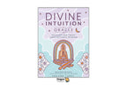 Divine Intuition Oracle deck box cover shown on a white background, featuring a pastel lavender and light blue design with a meditating figure inside an arched frame and white flower illustrations. Dragon Tarot branding is visible at the top and bottom.