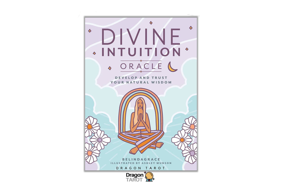Divine Intuition Oracle deck box cover shown on a white background, featuring a pastel lavender and light blue design with a meditating figure inside an arched frame and white flower illustrations. Dragon Tarot branding is visible at the top and bottom.
