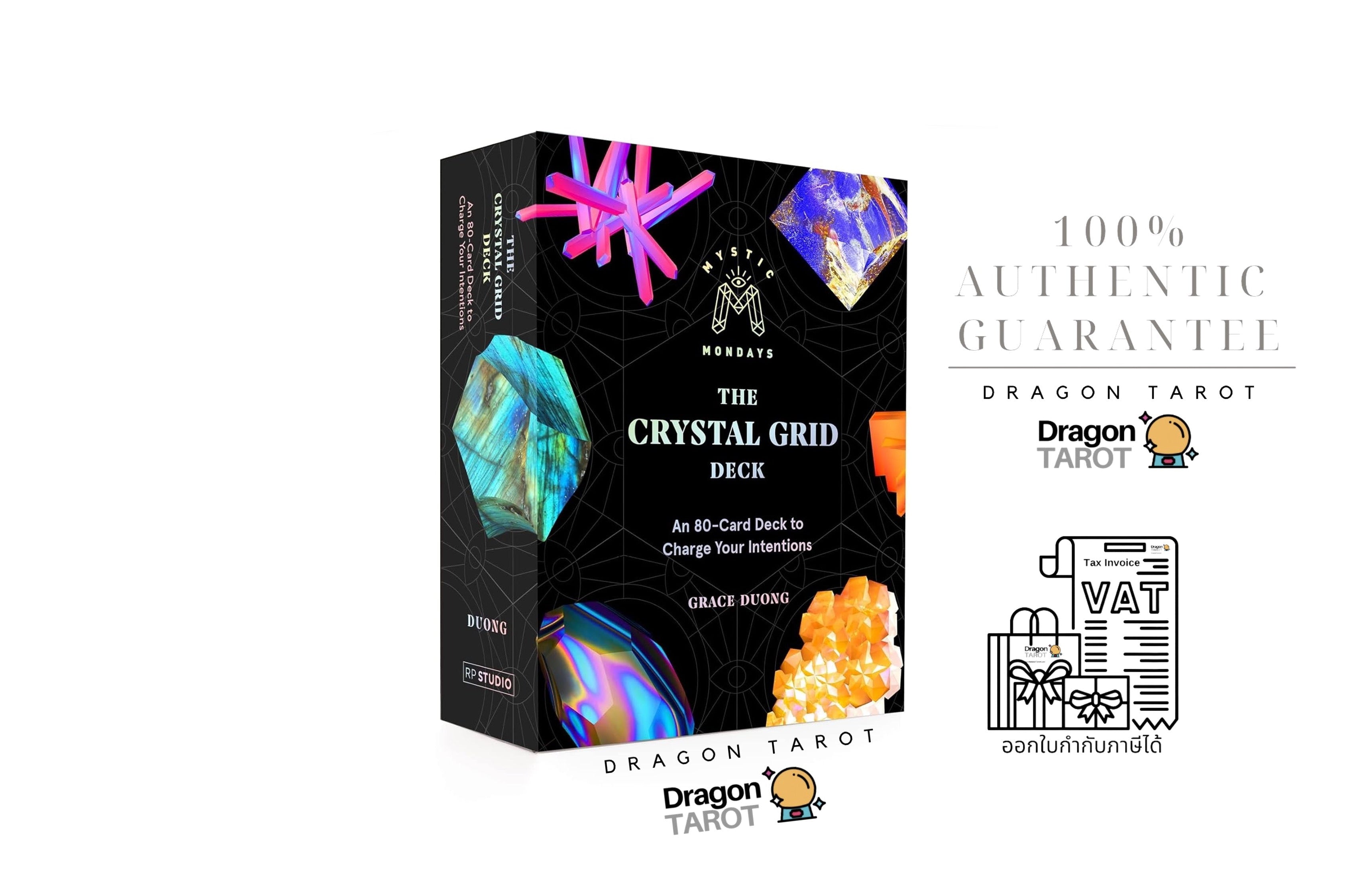 The Crystal Grid Deck box by Magic: The Gathering, shown on a white background with promotional text and Dragon Tarot branding. The box is black with colorful crystal illustrations and includes a VAT refund icon and social media reference.