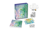 The Crystal Power Tarot deck by Dragon Tarot Set, shown with its illustrated box, a booklet, and several cards on a white background. Includes promotional text and the CICO Books logo.