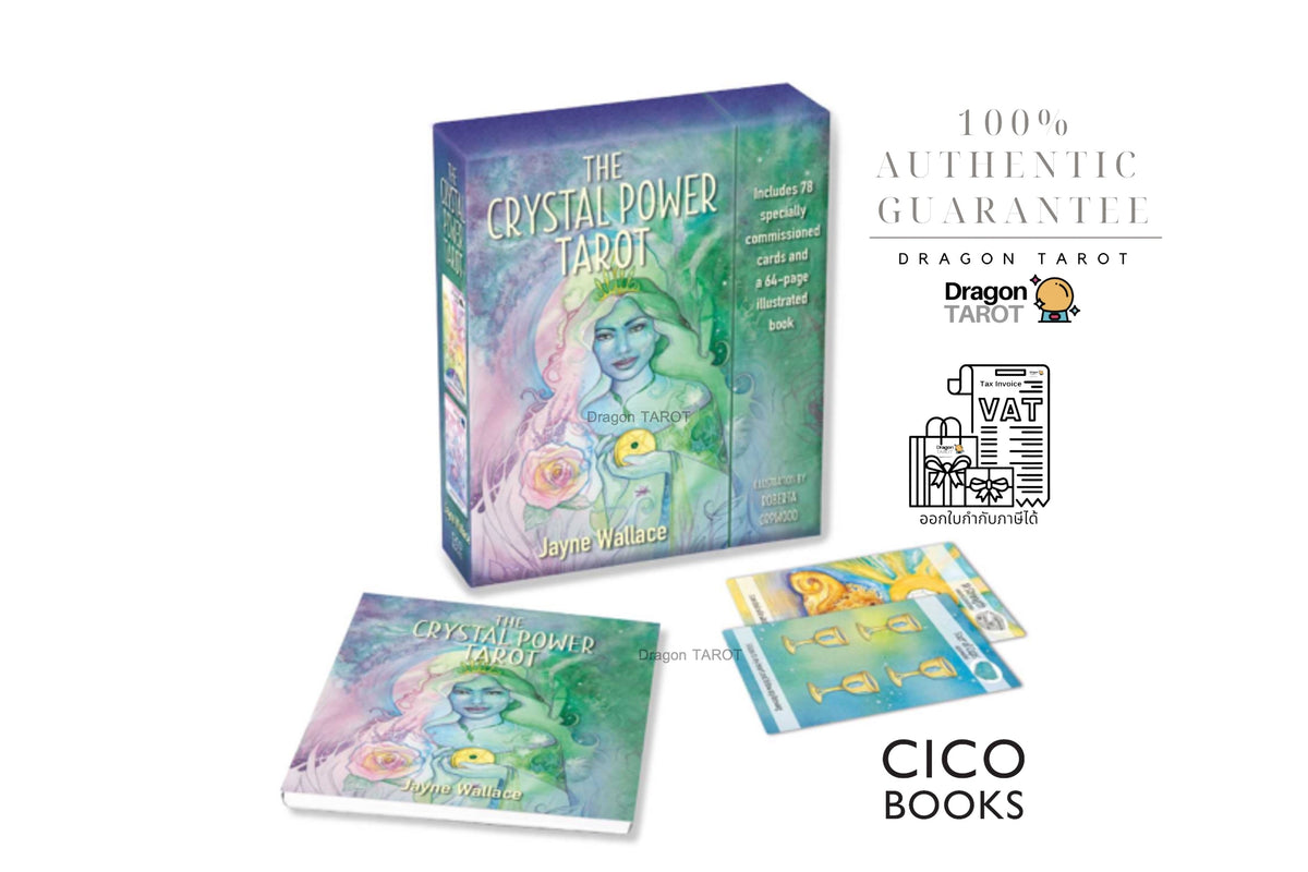 The Crystal Power Tarot deck by Dragon Tarot Set, shown with its illustrated box, a booklet, and several cards on a white background. Includes promotional text and the CICO Books logo.