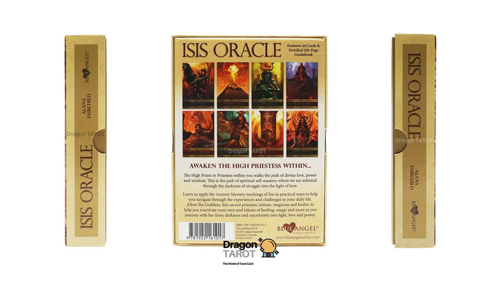 ISIS Oracle tarot deck packaging shown from multiple angles, featuring a gold box with illustrated cover art and product details on a white background.