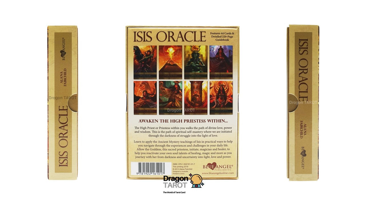 ISIS Oracle tarot deck packaging shown from multiple angles, featuring a gold box with illustrated cover art and product details on a white background.