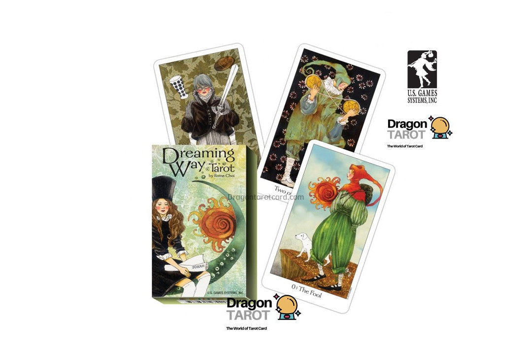 Dragon Tarot card deck packaging and sample cards displayed on a white background, with several Dragon Tarot logos and a Facebook icon visible around the product.