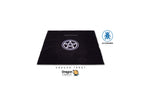A black tarot card deck box or cover featuring a white pentagram symbol in the center, shown on a plain white background with several brand and social media logos around it.