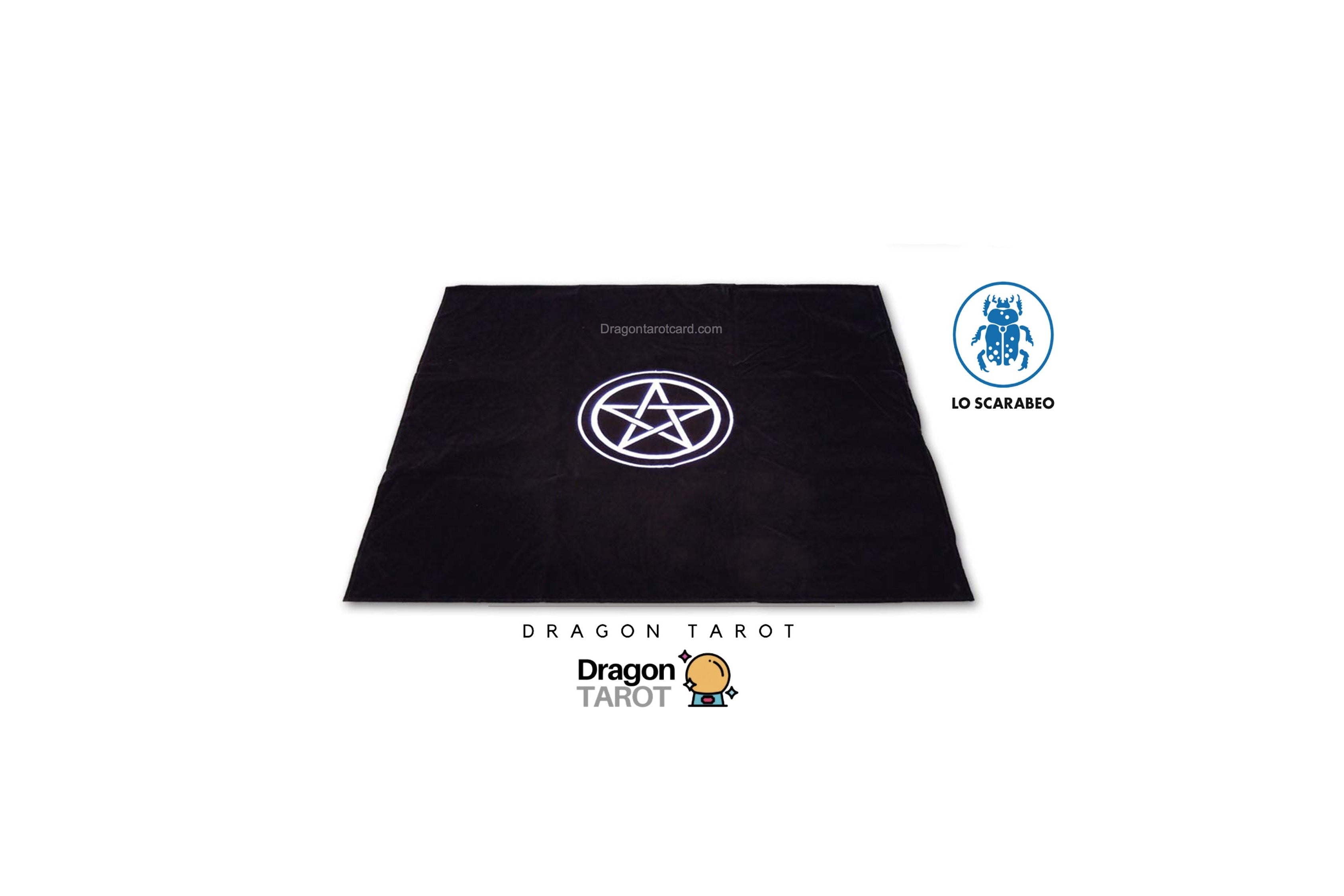 A black tarot card deck box or cover featuring a white pentagram symbol in the center, shown on a plain white background with several brand and social media logos around it.