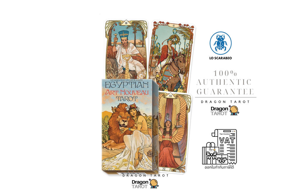 Dragon Tarot 'Egyptian Aton Hoosier Tarot' deck packaging shown on a white background with several illustrated tarot cards, social media icons, a LO Scarabio logo, and a 100% authentic guarantee badge.