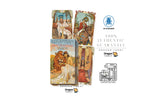 Dragon Tarot 'Egyptian Aton Hoosier Tarot' deck packaging shown on a white background with several illustrated tarot cards, social media icons, a LO Scarabio logo, and a 100% authentic guarantee badge.