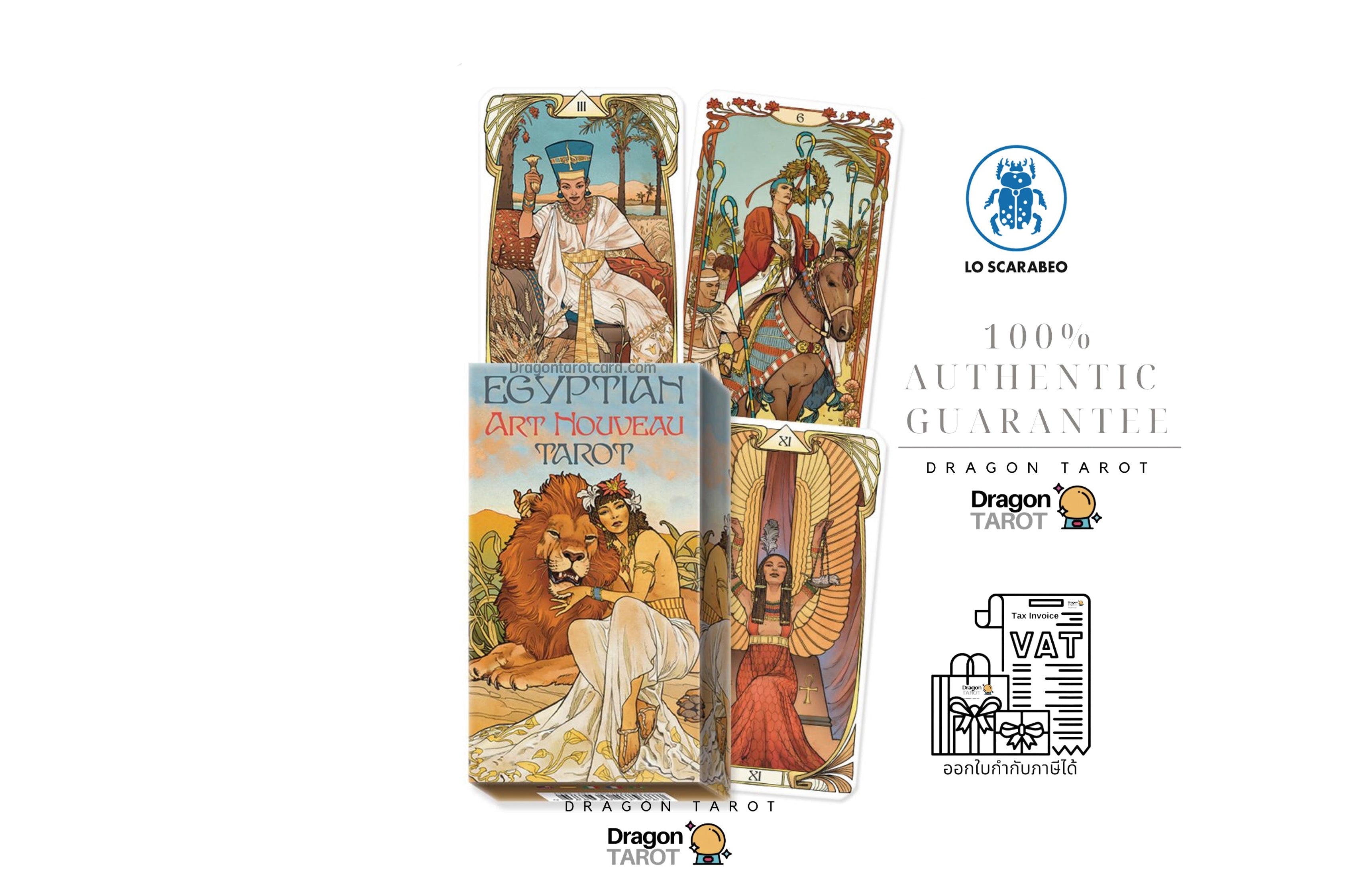 Dragon Tarot 'Egyptian Aton Hoosier Tarot' deck packaging shown on a white background with several illustrated tarot cards, social media icons, a LO Scarabio logo, and a 100% authentic guarantee badge.