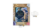 The Wild Goddess Oracle deck and guidebook cover shown on a white background with promotional text and Dragon Tarot branding. The cover features a central dark blue oval with gold lettering and an illustration of a celestial figure, surrounded by crystals and a burlap-textured border.