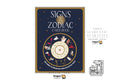 Signs of the Zodiac Card Deck by Dragon Tarot, featuring a navy blue card box with gold borders, a central zodiac wheel illustration, and promotional text on a white background.