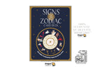 Signs of the Zodiac Card Deck by Dragon Tarot, featuring a navy blue card box with gold borders, a central zodiac wheel illustration, and promotional text on a white background.