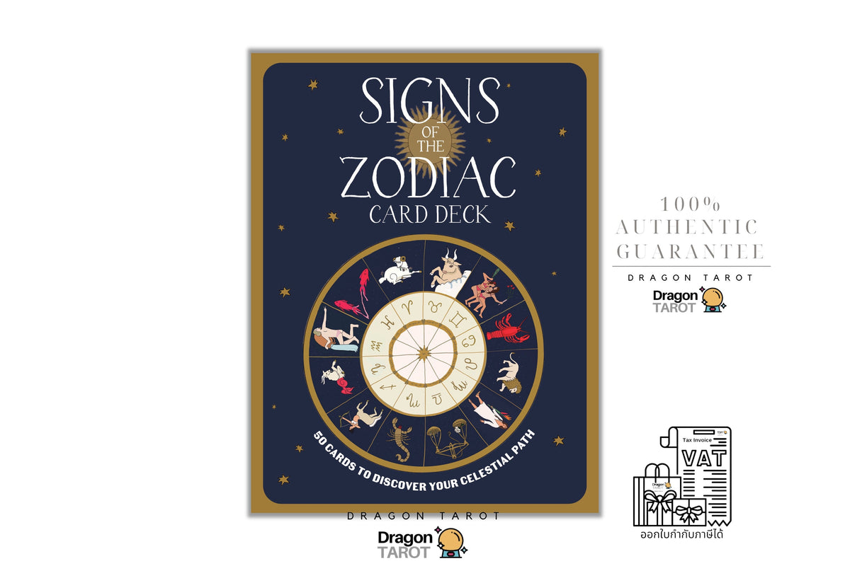 Signs of the Zodiac Card Deck by Dragon Tarot, featuring a navy blue card box with gold borders, a central zodiac wheel illustration, and promotional text on a white background.